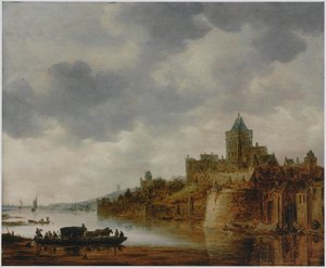 Flusslandschaft mit Blick auf das Valkhof in Nijmegen von Jan van Goyen