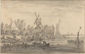 Uferszene mit Windmühle von Jan van Goyen