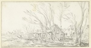 Landschaft mit krummen kahlen Bäumen vor Bauernhöfen von Jan van Goyen