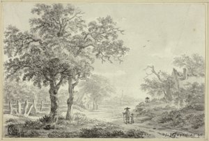 Mann und Junge gehen die Dorfstraße entlang von Jan van Goyen