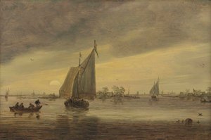 Sonnenaufgang über dem Haarlemmermeer mit einem Schmalboot und anderen Booten von Jan van Goyen