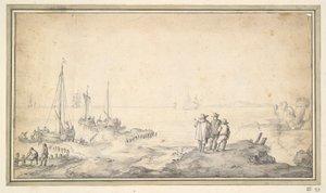 Drei Figuren auf einer Düne mit Blick auf die Bucht mit Schiffen von Jan van Goyen