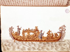 Eine königliche Gondel - Aquarellzeichnung und Tinte aus dem Manuskript „Sitten der Venezianer“