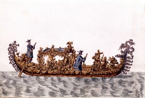 Eine königliche Gondel. Aquarellzeichnung und Tinte aus dem Manuskript „Sitten der Venezianer“ von Jan van Grevenbroeck (oder Giovanni Grevembroch) (1731-1807)