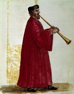 Flötenspieler Aquarellzeichnung und Tinte aus dem Manuskript „Sitten der Venezianer“ von Jan van Grevenbroeck von Jan van Grevenbroeck