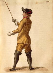 Herr im Reitkostüm, aus Gli Abiti de Veneziani, illustriertes Kostümbuch von Jan van Grevenbroeck