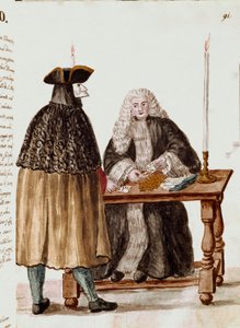 Das Spielzimmer: Eine Figur maskiert sich vor dem Dealer, der Karten zieht, Münzen werden auf dem Tisch gesammelt. Aquarellzeichnung und Tinte aus einem Manuskript von Jan van Grevenbroeck (oder Giovanni Grevembroch) (1731-1807) von Jan van Grevenbroeck