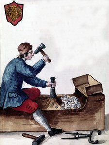 Die Münzherstellung der Republik Venedig: Prägephase. Aquarellzeichnung und Tinte aus dem Manuskript „Customs of the Venitians“ von Jan van Grevenbroeck (oder Giovanni Grevembroch) (1731-1807)