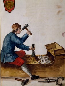 Arbeiter in der Münzstätte, Illustration aus dem illustrierten Buch der venezianischen Kostüme, von Jan Grevenbroeck, Aquarell, Italien