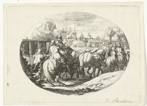 Armee und Kutschen ziehen in die Stadt von Jan van Huchtenburg