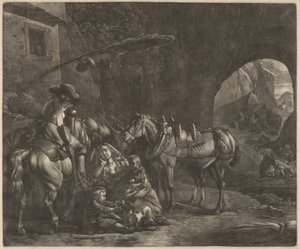 Mutter mit zwei Kindern und einem Pferd vor einem Gasthaus von Jan van Huchtenburgh