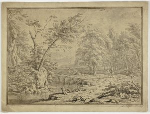Landschaft mit Hirten am Fluss und Mann zu Pferd von Jan van Huysum