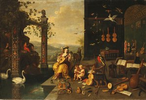 Eine Personifikation der Musik: Eine junge Frau, die auf einer Terrasse vor einer offenen Galerie Laute spielt