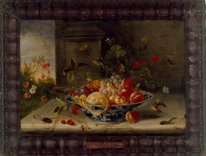Dekorative Stillleben-Komposition mit einer Porzellanschale, Obst und Insekten, Mitte des 17. Jahrhunderts von Jan van Kessel