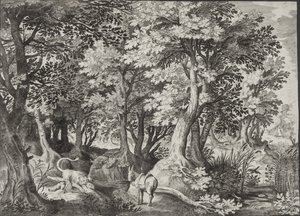 Landschaft mit dem ungehorsamen Propheten, der von einem Löwen verschlungen wird von Jan van Londerseel
