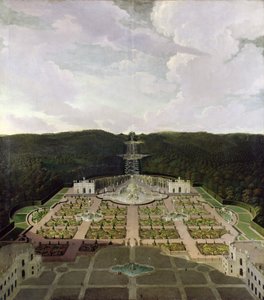 Blick vom Garten und der Grotte am Fuße der Wasserfälle zum Oktogon, nach 1716