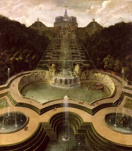 Blick auf das Oktogon über die Wasserfälle und die Neptunbecken, nach 1716