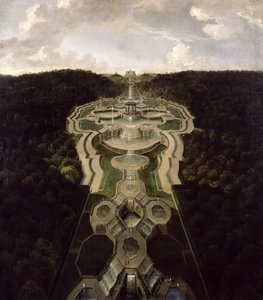 Blick über die Große Plaza mit Tempel zu Beginn des zweiten Drittels der Wasserfälle zum Oktogon, nach 1716