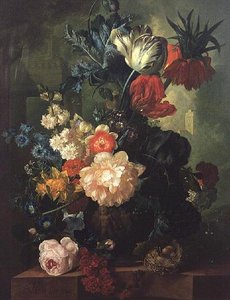 Rosen, Tulpen, Nelken und andere Blumen in einer skulptierten Urne von Jan van Os