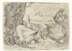 Drei Kühe und zwei Hirten von Jan van Ossenbeeck