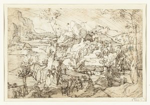Landschaft mit Felsen, Figuren und einem Segelschiff