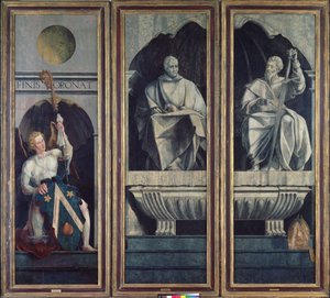 Engel präsentiert St. Stephan und St. Jakobus dem Älteren die Waffen von Jacques Coëne, Abt von Marchiennes, aus dem Polyptychon von St. Stephan und St. Jakobus dem Älteren, ca. 1541