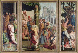 Die Predigt, Verhaftung und das Martyrium des Heiligen Jakobus des Älteren, aus dem Polyptychon von St. Stephan und St. Jakobus dem Älteren, um 1541