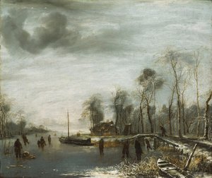 Eine Winterlandschaft mit Schlittschuhläufern und Colf-Spielern auf einem zugefrorenen Wasserweg, 1653 von Jan van de Capelle or Cappelle