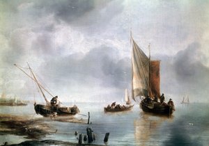 Ein kleines Schiff bei leichtem Wind und ein anderes an Land, ca. 1650-1660, von Jan van de Cappelle, Öl auf Leinwand von Jan van de Capelle or Cappelle