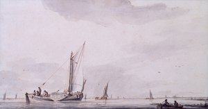 Fischer und Segelboote auf einem ruhigen Ästuar von Jan van de Capelle or Cappelle
