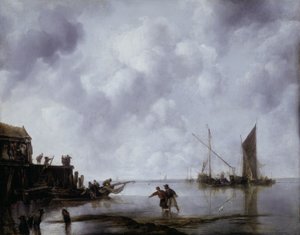 Fischerboote in ruhigem Wasser von Jan van de Capelle or Cappelle