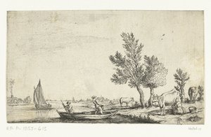 Flusslandschaft mit zwei Männern in einem Ruderboot von Jan van de Cappelle (attributed to)