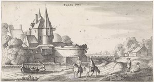 Figuren bei einem Schloss in einer Flusslandschaft von Jan van de Velde (II)