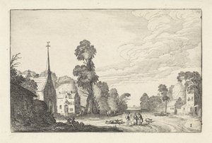 Figuren und Vieh in einem Dorf mit einer Kirche von Jan van de Velde (II)