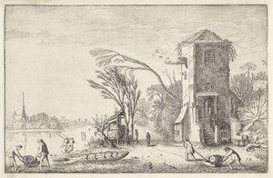Figuren in einem Winterlandschaft mit einem Turm von Jan van de Velde (II)