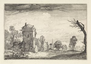 Jäger mit Hunden bei einem Turm in einer Landschaft von Jan van de Velde (II)