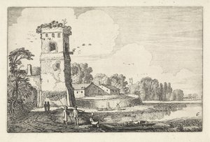Fähre mit Schafen bei einem Turm in einer Flusslandschaft von Jan van de Velde (II)
