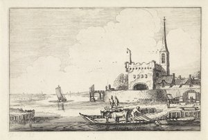 Fähre mit Vieh bei einer Festung in einer Flusslandschaft (Serientitel: Landschaften) von Jan van de Velde (II)