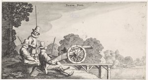 Soldaten bei einer Kanone auf einem Steg an einem Fluss von Jan van de Velde (II)