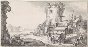 Soldaten bei einem Turm in einer Flusslandschaft von Jan van de Velde (II)