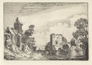 Turm und eine Kirche in einer Landschaft