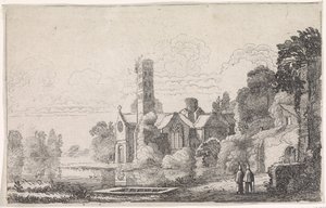 Zwei Mönche bei einer Abtei in einer Flusslandschaft von Jan van de Velde (II)