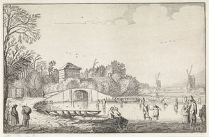 Winterlandschaft mit Schlittschuhläufern bei einer Brücke von Jan van de Velde (II)