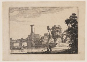 Fähre vor einer Steinbrücke von Jan van de Velde II