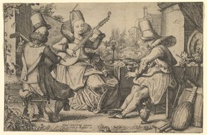 Zwei elegant gekleidete Männer und eine Frau in einem Garten von Jan van de Velde II