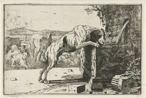 Hund bei einem Brunnen