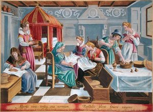 Frauen besprengen die Eier des Seidenspinners mit Wein und halten sie an ihrer Brust warm, Tafel 3 aus 