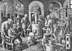 Distillatio.: In igne succus omnium, arte, corporum, Vigens fit unda, limpida und potissima. 16. Jahrhundert Gravur von Jan van der Straet, über die verschiedenen Stufen der Destillation. von Jan van der Straet