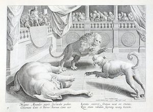 Alexander der Große veranstaltet ein Spektakel, ein Kampf zwischen Löwe, Hund und Elefant, Illustration aus 