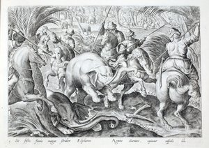 Elefanten machen großen Lärm, als sie von den Speeren der Jäger getroffen werden, Illustration aus 